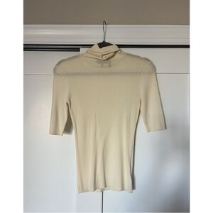 Theory Cream Ribbed Wool Short-Sleeve Turtleneck